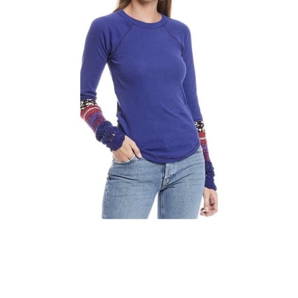 Free People Blue Thermal Knit Top w/ Crochet Knit Cuffs Long Sleeve - Picture 1 of 6